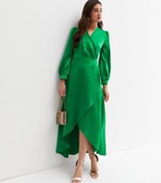 Cutie London Green Satin Long Sleeve Maxi Wrap Dress